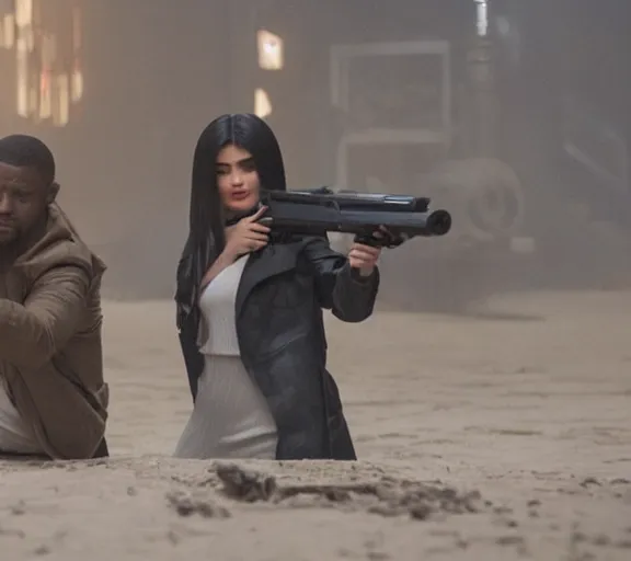 Image similar to a movie still of kylie jenner as joi aiming a gun with ryan gosling in the movie blade runner 2 0 4 9