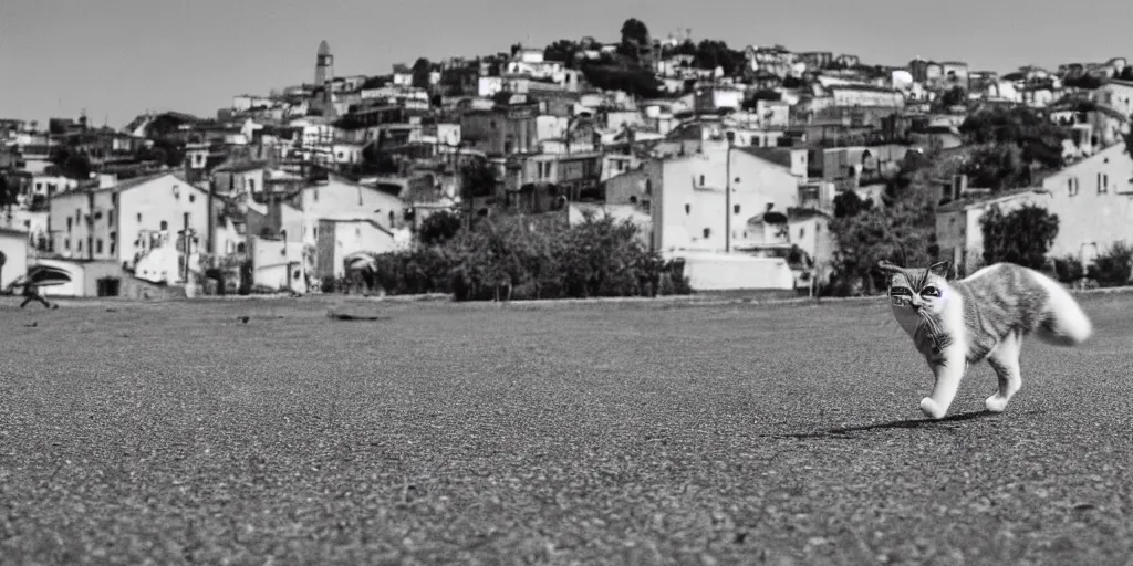 Image similar to photography of a cat running away with mortadella in his mouth with trullo houses in the background, photoreal, 3 5 mm, award winning photography