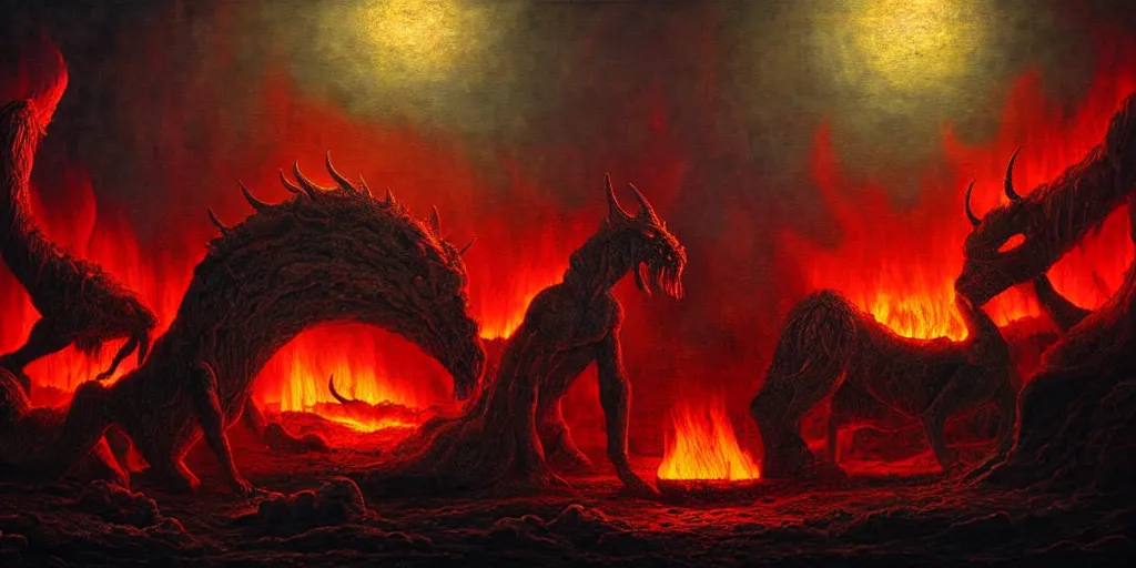 Image similar to mythical creatures and monsters at the mouth of hell, dramatic lighting glow from giant fire, in a dark surreal painting by ronny khalil