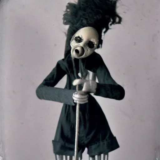 Image similar to female, creepy marionette puppet, horrific, unnerving, clockwork horror, pediophobia, lost photograph, dark, forgotten, final photo found before disaster, polaroid,