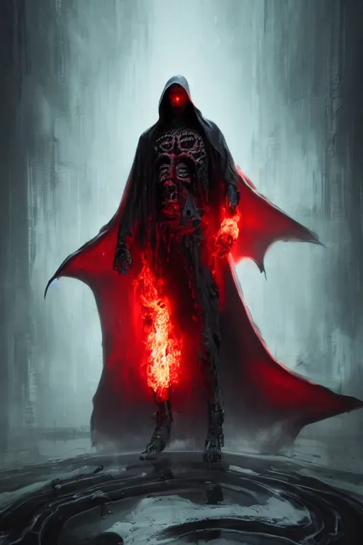 Image similar to A full body portrait of a mysterious character with a flaming skull with a very long hooded blood red and black cloak, tentacles coming out the ground art by Maciej Kuciara, and Cedric Peyravernay, ominous, cosmic horror, trending on artstation, Ultra detailed, hyper realistic 4k