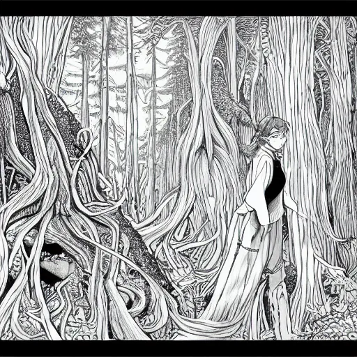 Image similar to a ultra detailed line art illustration of a red + haired + girl wandering alone in a mysterious forest, by thomke meyer and julia plath, intricate, fantasy, hyperdetailed