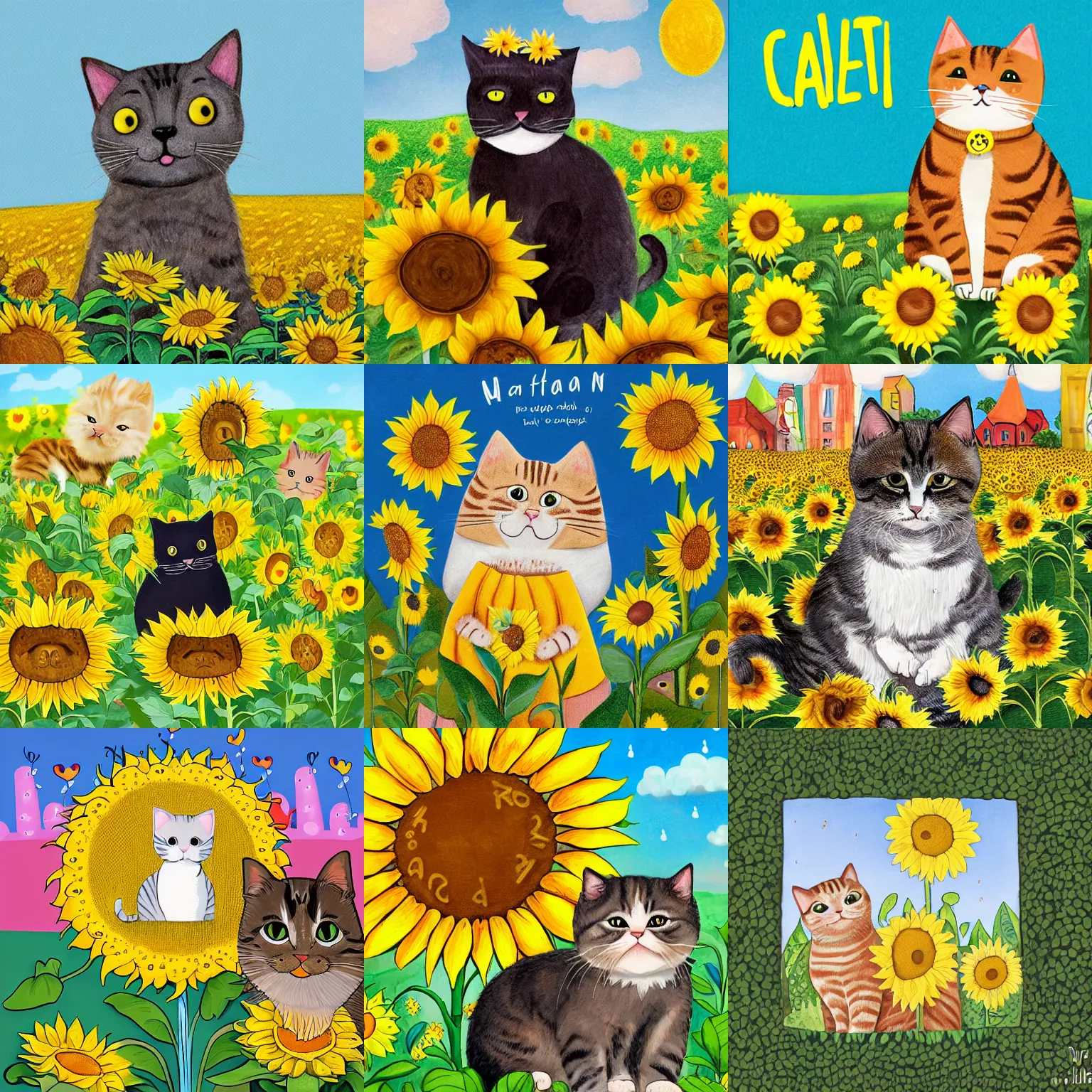 Prompt: childrens book illustration, cute cat in a sunflower field, celebrating a birthday, extremely detailed, by laura watson, mai kemble, penny weber, andy catling, nate fakes, claudia gadotti, evgenia malina, francesca filomena, isabelle arne and katie risor