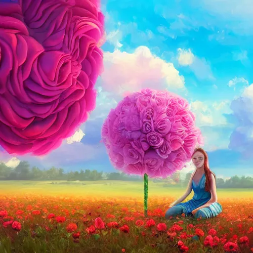 Image similar to giant rose flower head, full body girl sitting in a flower field, surreal photography, sunrise, dramatic light, impressionist painting, colorful clouds, digital painting, artstation, simon stalenhag