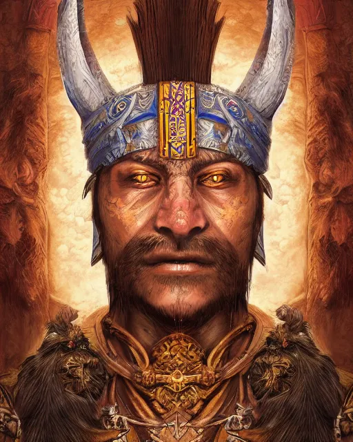 Prompt: digital painting of an incan lord, by filipe pagliuso and justin gerard, symmetric, fantasy, highly detailed, realistic, intricate, portrait, sharp focus, tarot card