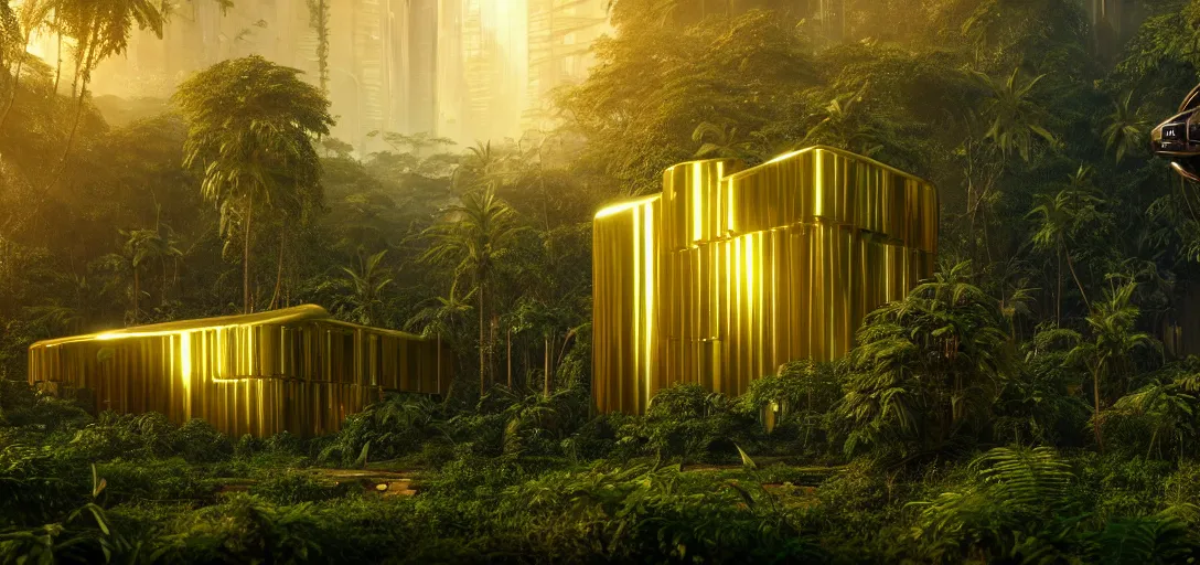 Image similar to futuristic shinny golden building in an jungle landscape of a biopunk city by taras shevchenko, movie poster, golden ratio, evening lighting, film still, realistic, octane render redshift arnold materials unreal engine, 8 k post production, hyper detailed