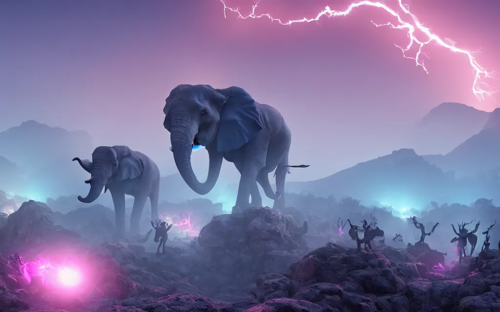 Image similar to a crowd of small blue necromancers summoning a giantic pink antropomorphic cyborg elephant lying on top of a rock, twilight lightning, montains in the background, volumetric fog, realitistic, high contrast, ultra detailed, 8 k render, cycles render engine, volumetric fog