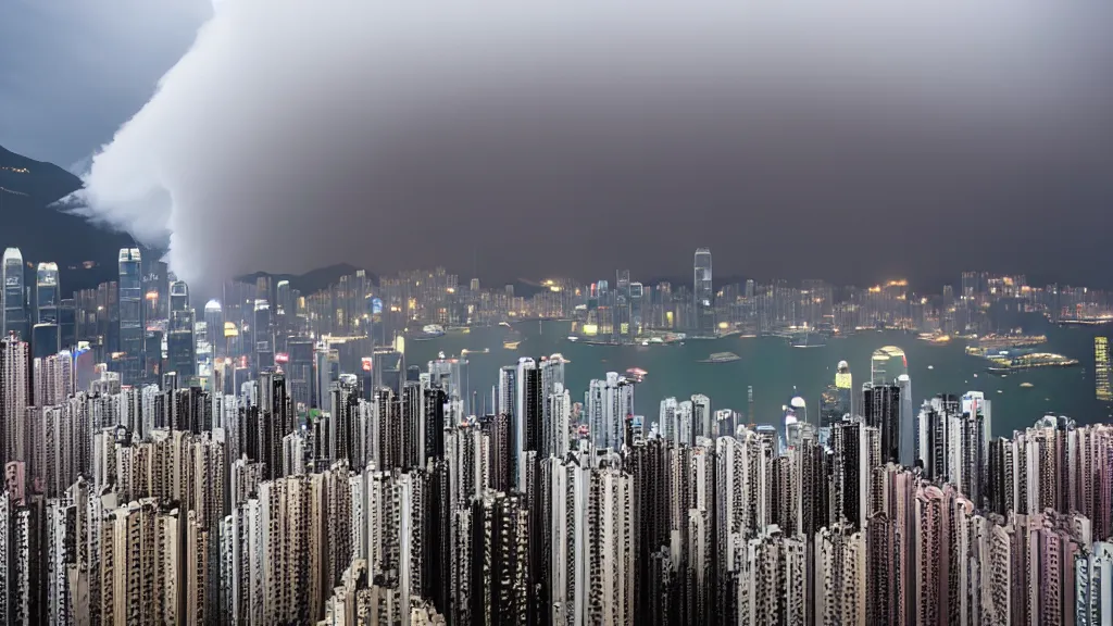 Image similar to a tornado ripping through the city of hong kong