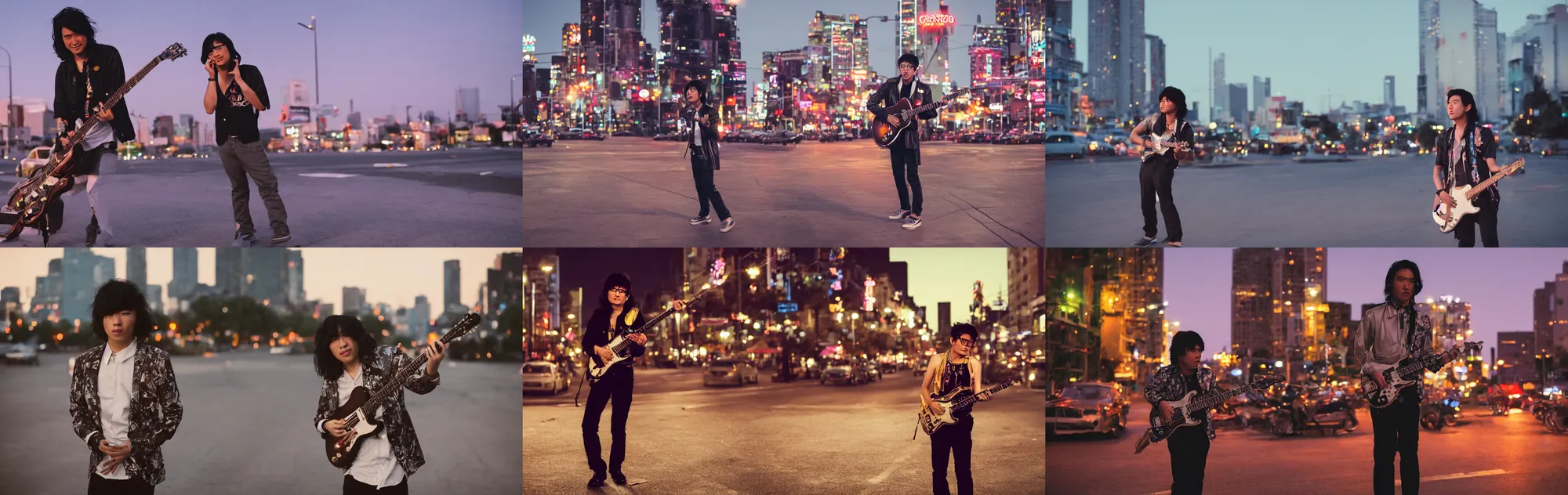 Prompt: The charismatic disco punk rock young Asian man with messy very long curly dark brown hair playing on jazz guitar, the very strong soft top light, twilight city on the background, by Lubezki, 80mm focal length, anamorphic 80mm lens, city twilight landscape, cinematic, Kodachrome film, 4k