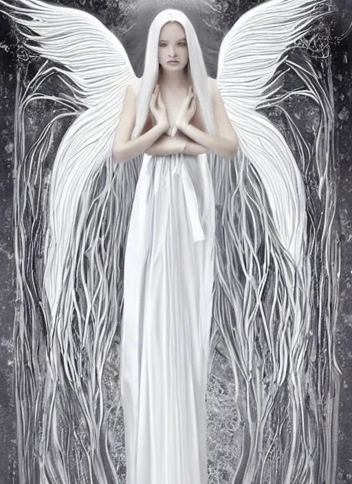 Image similar to tall thin beautiful goddess, pale wan female angel, long flowing silver hair covering her whole body, beautiful!!! painting, young face pale skin wan angel, flowing silver hair, flowing white robes, flowing hair covering front of body, white robe, white dress!! of silver hair, covered!!, clothed, unexposed, intricate robes beautiful aesthetic, mystery