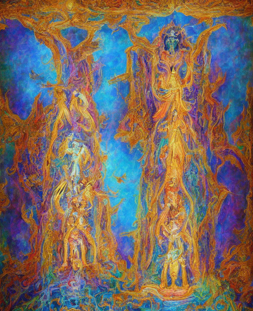 Image similar to holy throne of the gnostic god, award winning oil painting, iridescent aberration celestial color palette