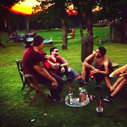 Image similar to a bill. a bong. a group of friends. enjoying themselves and laughing it up. sun set. red accents.