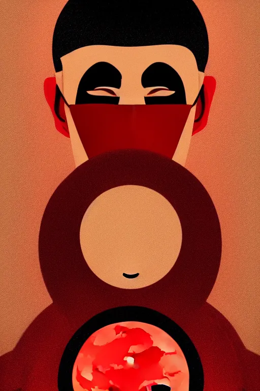 Prompt: portrait of a man with a mask on his face in the form of a spiral in a golden kimono, full face, against the background of a bright red moon, sad motif, ilya kuvshinov, dramatic, soft colors, futuristic, 8 k