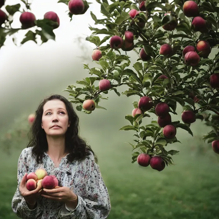 Prompt: a closeup portrait of a woman wearing spiderwebs, picking apples from a tree in an orchard, foggy, moody, photograph, by vincent desiderio, canon eos c 3 0 0, ƒ 1. 8, 3 5 mm, 8 k, medium - format print