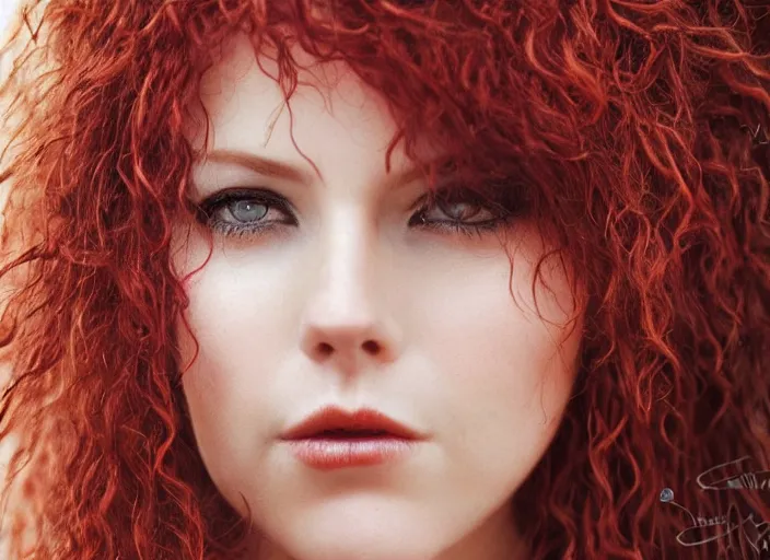 Image similar to award winning 8 5 mm close up face portrait photo of a redhead with maroon wavy hair in a part by luis royo.