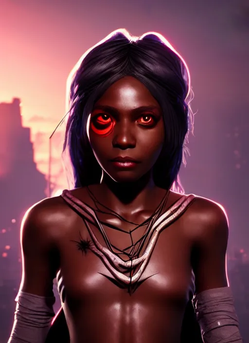 Image similar to An epic fantasy comic book style portrait painting of a short dark skinned girl thief with spidery hair and kind eyes, unreal 5, DAZ, hyperrealistic, octane render, cosplay, RPG portrait, dynamic lighting