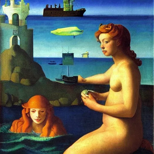 Prompt: a sea-fortress surrounded by mermaids by Raphael, Hopper, and Rene Magritte. detailed, romantic, enchanting, trending on artstation.
