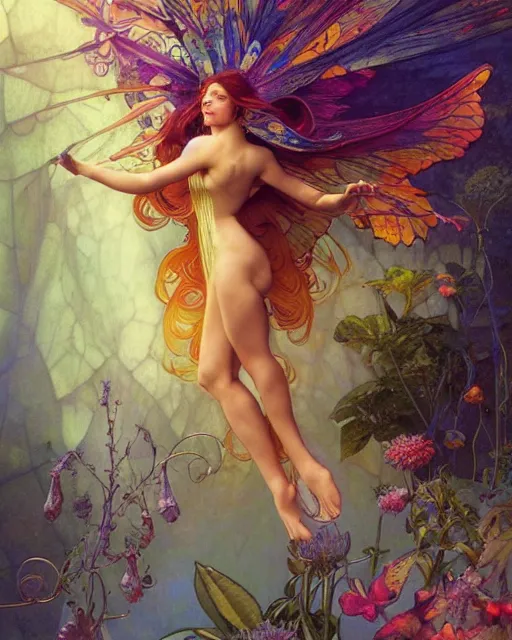 Image similar to a beautiful fairy in a morning dreamland, full body, coherent design, symmetrical, vivid color, complementary color, golden ratio, detailed, sharp lines, intricate, rainbowshift, by james gurney, by peter mohrbacher, by alphonse mucha, by maxfield parrish, by karol bak, waterhouse, octane render