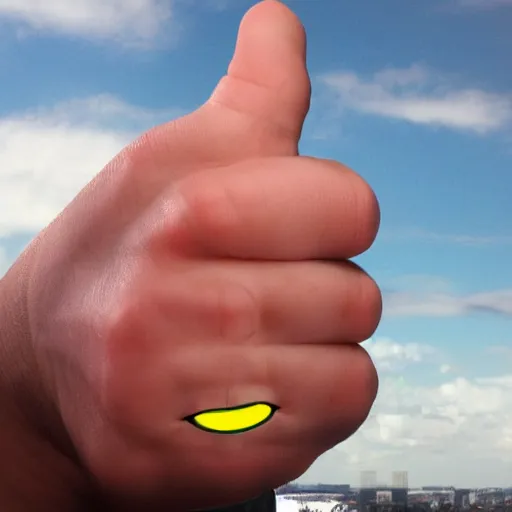 Image similar to giant thumbs up with a mean grin on palm