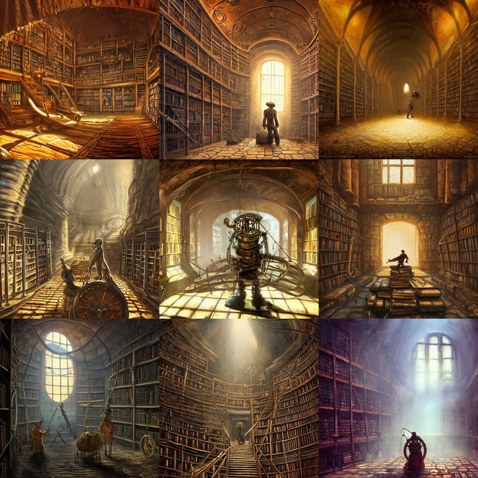 Prompt: rusty clockwork caretaker of an ancient library, masterful detailed fantasy oil painting with shafts of dusty sunlight in a cavernous space. super wide - angle shot, really just gorgeous.