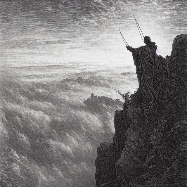 Prompt: an engraving of wanderer above the sea of fog by gustave dore, caspar david friedrich, highly detailed, lithograph engraving