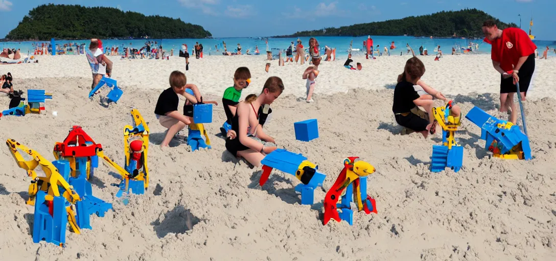 Image similar to robots building 1:1 scale sandcastles at the beach