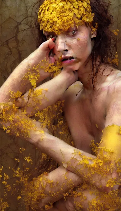 Prompt: epic masterpiece torment, drama, sweaty skin, hyperrealistic, octane render, cinematic, beautiful face and flawless skin, perfect hands, 5 fingers, yellow by Edgar Maxence and Ross Tran and Michael Whelan, Legends of Runeterra