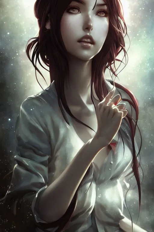 Image similar to highly detailed portrait of makise kurisu from steins gate fantasy art by artgerm, tom bagshaw, charlie bowater, detailed and intricate environment, trending on artstation