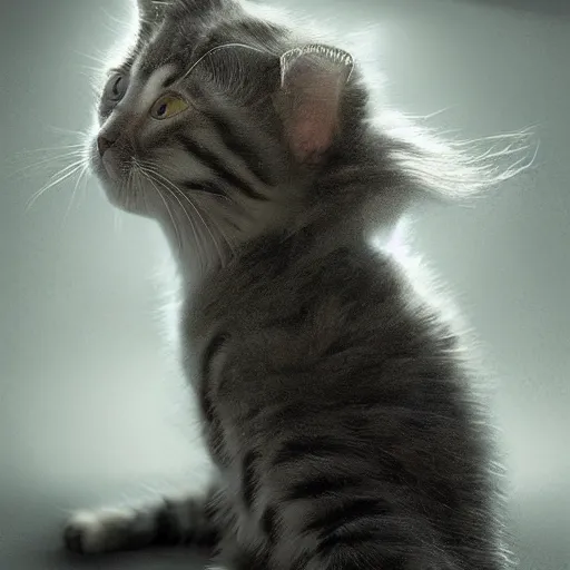 Image similar to full body pose, hyperrealistic photograph of a kitten woman, dim volumetric lighting, 8 k, octane beautifully detailed render, extremely hyper detailed, intricate, epic composition, cinematic lighting, masterpiece, trending on artstation, very very detailed, stunning, hdr, smooth, sharp focus, high resolution, award, winning photo, dslr, 5 0 mm