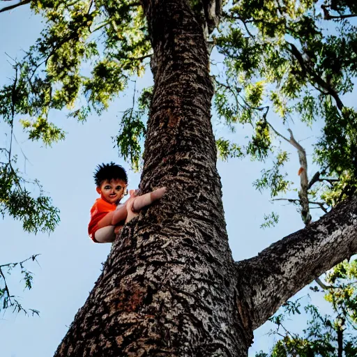 Image similar to bogan kid stuck up a tree, screaming, canon eos r 3, f / 1. 4, iso 2 0 0, 1 / 1 6 0 s, 8 k, raw, unedited, symmetrical balance, wide angle