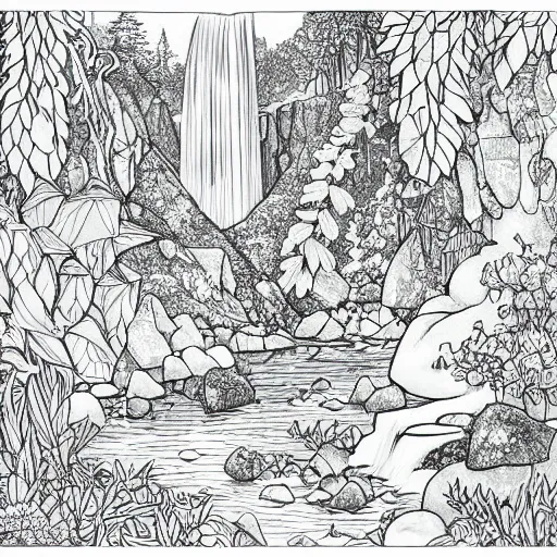 Image similar to an adult coloring page of a waterfall in the enchanted forest, light detail