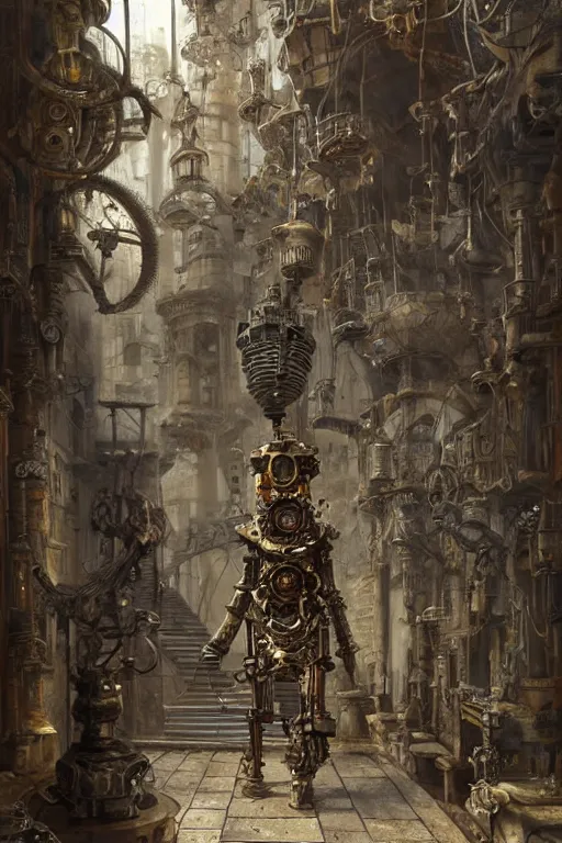 Image similar to a biomechanical palace guard made of machine parts and clocks is walking through a steampunk byzantine courtyard by anders zorn, wonderful, mandelbulb 3 d buildings, fractal designs, dynamic, masterpiece by greg rutkowski, hyperrealism, beautiful cinematic light, by greg manchess, jessica rossier