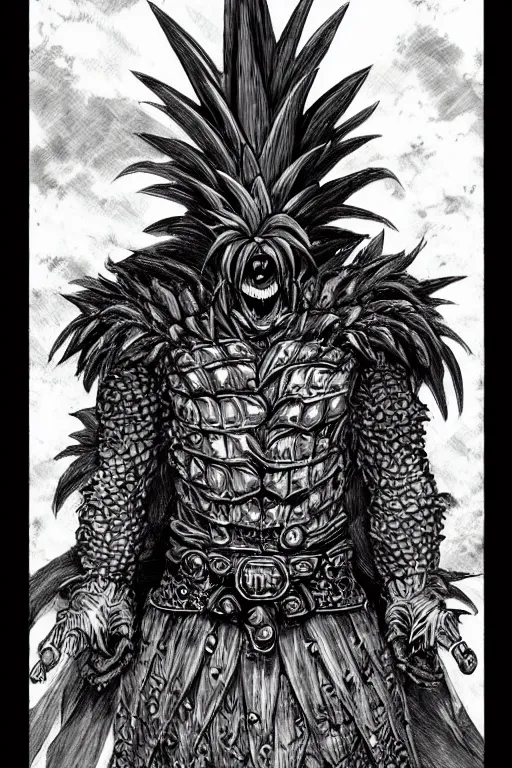 Image similar to screeching pineapple humanoid figure monster wearing themed armour, symmetrical, highly detailed, digital art, sharp focus, trending on art station, kentaro miura manga art style