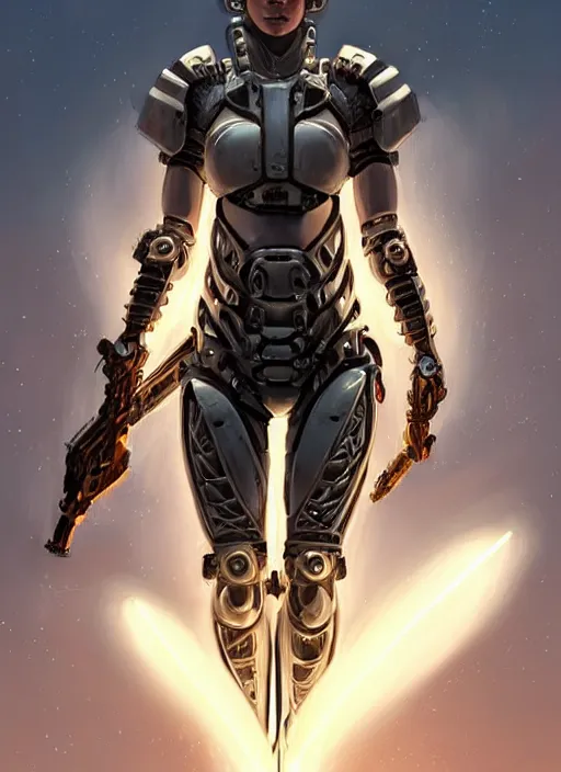 Image similar to portrait of a beautiful female soldier from the future wearing biomechanical armor, olivia munn, carrying a rifle, intricate, elegant, glowing lights in armor, highly detailed, digital painting, artstation, glamor pose, concept art, smooth, sharp focus, illustration, epic angle, art by artgerm and greg rutkowski, artey freytag, alvin schwartz
