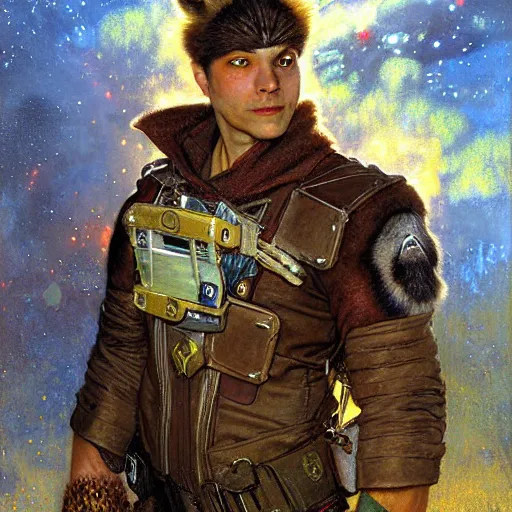 Image similar to portrait of a male rocket racoon in a police uniform. shadowrun furaffiniy cyberpunk fantasy highly detailed painting by gaston bussiere craig mullins jc leyendecker gustav klimt artgerm greg rutkowski john berkey, bergey, craig mullins, ruan jia, raymond swanland, jeremy mann, tom lovell, alex malveda