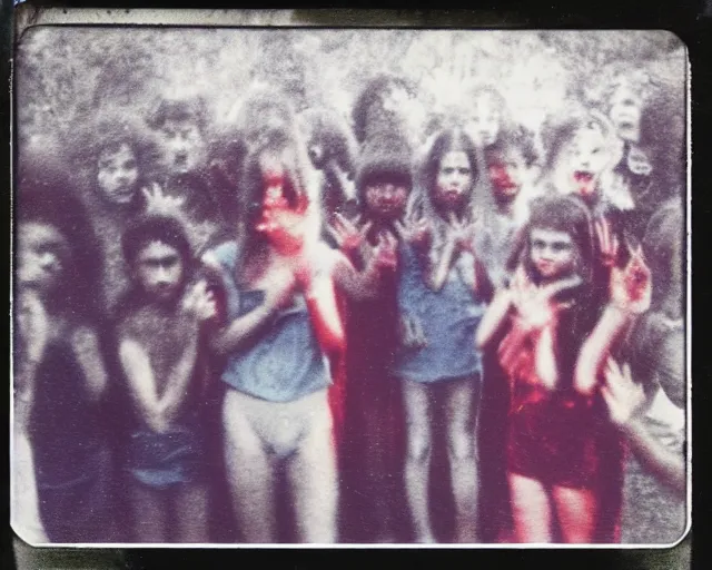 Prompt: gritty polaroid photo of a secretive cult summoning a demonic entity a circa 1 9 8 2, technicolor, archival quality image, scanned by