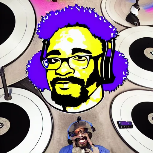 Image similar to svg sticker of a Dancing-Ben-Harper-Snoop-Spike-Lee-with-a-large-Afro-Puff, at a rave, spinning records, giant headphones rocking out, wearing headphones, huge speakers, dancing, rave, DJ, spinning records, digital art, amazing composition, rule-of-thirds, award-winning, trending on artstation, featured on deviantart