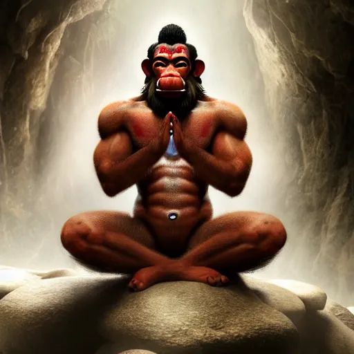 Image similar to photo realistic Hanuman meditating in caves of magical world, foggy ,muscular body,glowing effect, clean clear face,artstation, devianart, hyperreal, hyperdetailed, 8k,hd