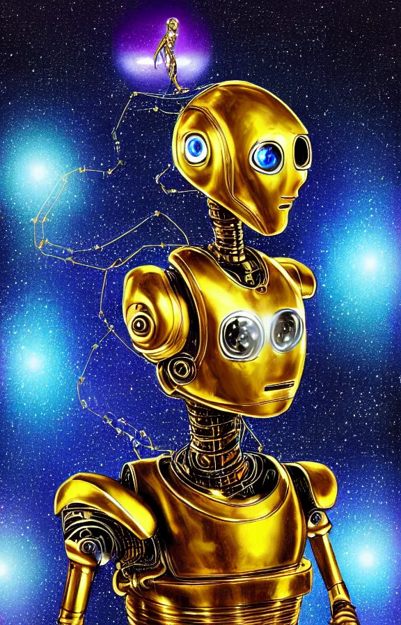 Image similar to portrait of a robot humanoid alien with golden armature and medieval helmet. Galactic iridescent background in the style of Tim white and moebius