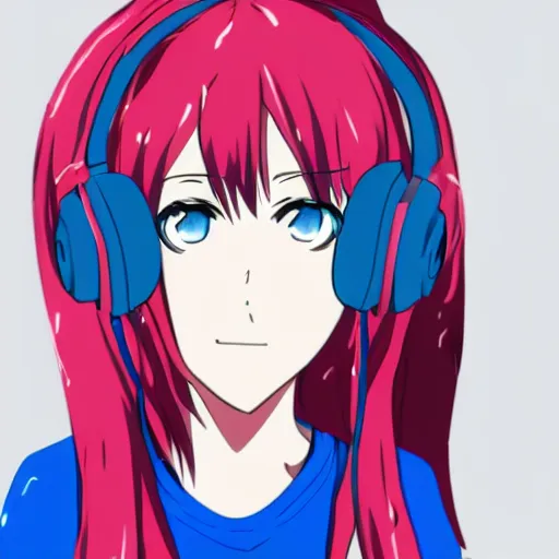 Image similar to Girl with blue hair and red eyes wearing headphones, anime style