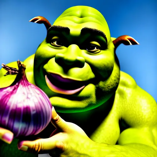 Image similar to a stock photo of shrek eating an onion, 8 k, ultra - realistic, white background, face cluse - up