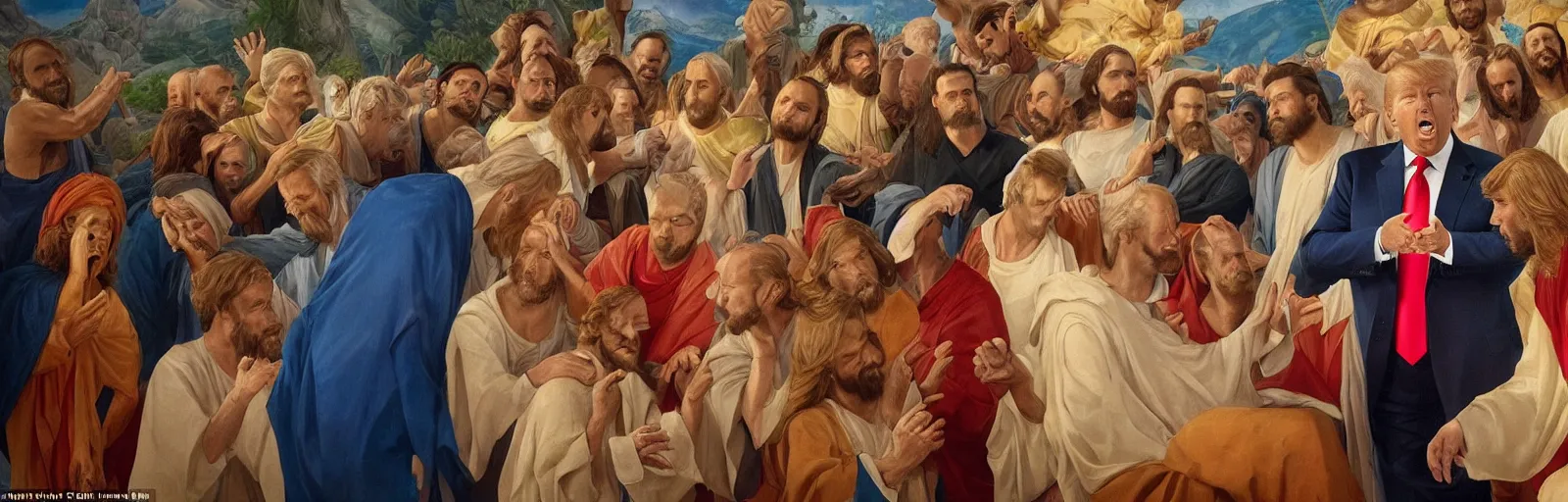 Image similar to Donald trump corrects Jesus in various situations in this highly detailed Mormon frieze