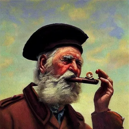 Image similar to painting of sailor hobo hyperrealism vasily vereshchagin with smoking pipe