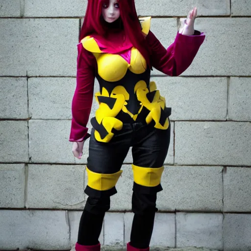 Image similar to woman dressed up as mortal kombat pikachu, cosplay, fashion portrait by Bruce Webber