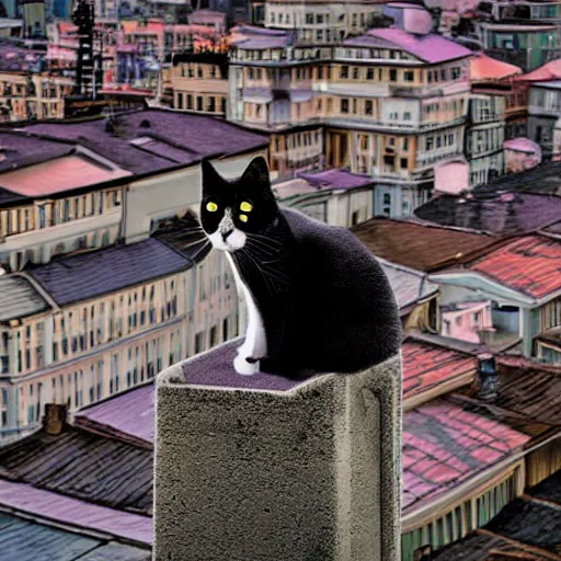 Prompt: a cat on a rooftop in a city by tim burton