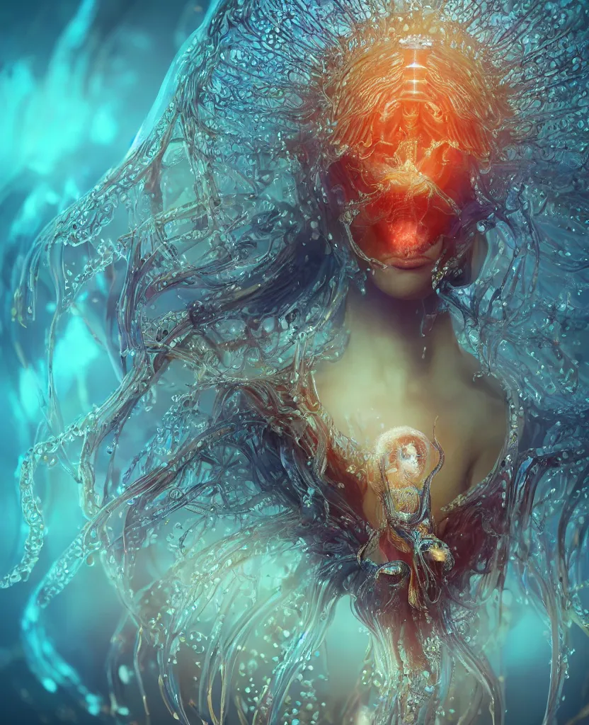 Image similar to close-up macro portrait of the face of a beautiful princess, epic angle and pose, symmetrical artwork, 3d with depth of field, blurred background, cybernetic jellyfish female face skull phoenix bird, translucent, nautilus, energy flows of water and fire. a highly detailed epic cinematic concept art CG render. made in Maya, Blender and Photoshop, octane render, excellent composition, cinematic dystopian brutalist atmosphere, dynamic dramatic cinematic lighting, aesthetic, very inspirational, arthouse. y Greg Rutkowski, Ilya Kuvshinov, WLOP, Stanley Artgerm Lau, Ruan Jia and Fenghua Zhong