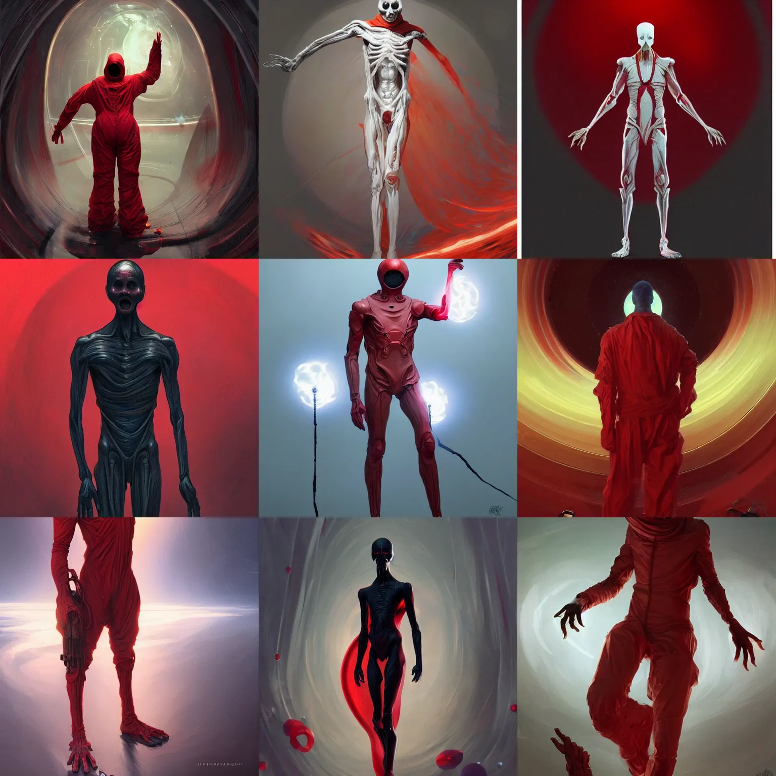 Prompt: a male humanoid figure with no face and long spindly fingers wearing a red mechanics jumpsuit, coming out of a black hole, intricate, horror, highly detailed, digital painting, artstation, concept art, smooth, sharp focus, illustration, art by artgerm and greg rutkowski and alphonse mucha, 8 k