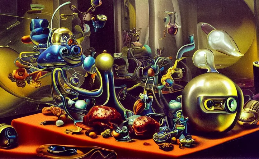 Prompt: strange seductive futuristic robot body, enticing colorful oil painting dutch golden age vanitas still life perfect composition with bulbous objects strange gooey transparent surfaces shiny metal reflections bizarre mutant meat insects rachel ruysch dali todd schorr very detailed perfect composition rule of thirds masterpiece canon 5 0 mm, cinematic lighting, photography, film, kodachrome