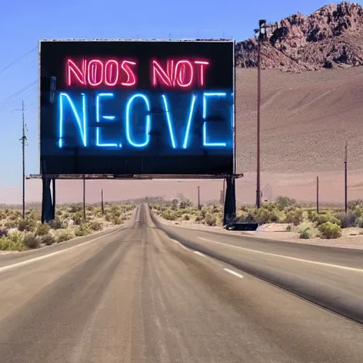 Image similar to a photo of a giant, neon billboard, on the outskirts of las vegas, that says no.