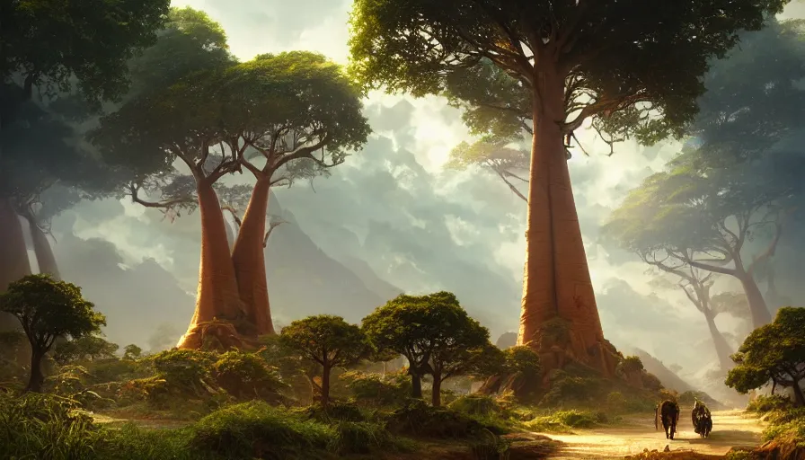 Image similar to mahindra that driving through madagascar road with baobabs trees, animals running along, artgerm and greg rutkowski and alphonse mucha, an epic fantasy, volumetric light, detailed, establishing shot, an epic fantasy, trending on art station, octane render, midsommar